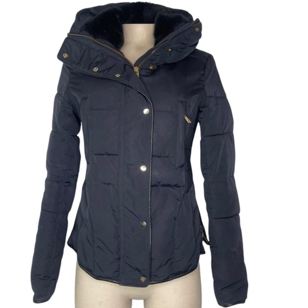 ZARA Women's Navy/Black Anorak Coat Puffer Jacket Full Gold Zip Faux Fur Size XS